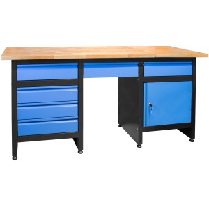 Établi Güde avec plateau en hévéa, tiroirs et porte bleus. Établi pour atelier.