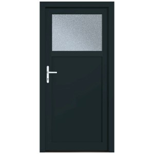 Porte d'entrée secondaire Roro Hamburg Premium anthracite avec verre ornemental ISO et poignée blanche.