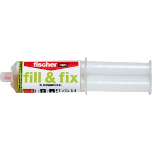 Fischer tassello liquido 25ml per riparare fori, composto iniettabile con stantuffo, miscelatore statico e manicotto a rete.