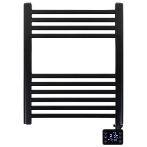 Radiateur de salle de bain noir Eurom Wifi, 400 W, avec écran digital et barres chauffantes horizontales.