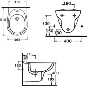 Disegno tecnico del bidet sospeso universale bianco Sanitop-Wingenroth con dimensioni.