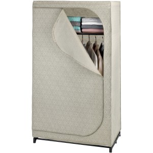 Armoire Wenko Balance Taupe avec étagère, partiellement ouverte, armoire textile à motifs.