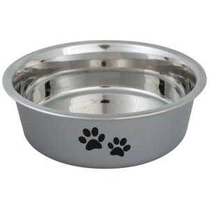 Ciotola per gatti Vitakraft in acciaio inox con rivestimento in plastica grigia e motivo a zampa, Ø 11 cm.