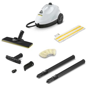 Nettoyeur vapeur Kärcher SC 2 EasyFix avec accessoires : buse de sol, buse à jet crayon, brosse, housse textile, tubes de rallonge.