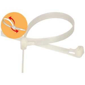 Collier de serrage blanc réutilisable (200x7,5 mm) avec schéma de fonctionnement.