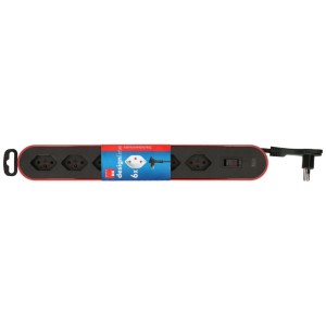 Multiprise Design Line, 6 prises, rouge et noir avec interrupteur et câble.