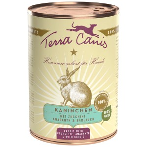 Terra Canis Classic coniglio cibo umido per cani, lattina da 400g con coniglio, zucchine, amaranto e aglio orsino.