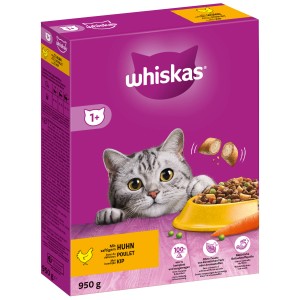 Whiskas 1+ Katzen-Trockenfutter mit Huhn, 950g Packung.
