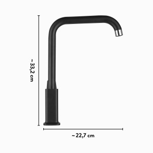 Mitigeur de cuisine baliv KI-1780, noir mat, mélangeur monocommande avec dimensions.
