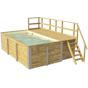 Piscine en bois Weka avec terrasse, local technique et échelle. Piscine rectangulaire en bois massif.