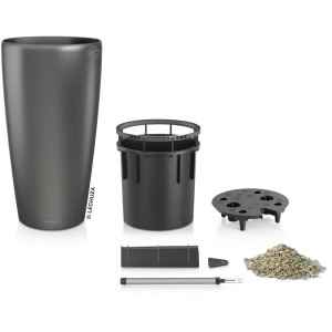 Pot de fleurs Lechuza Rondo Premium, anthracite métallisé, 40x75cm, avec accessoires et système d'irrigation.