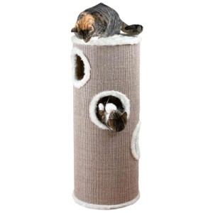 Arbre à chat Trixie Cat Tower Edoardo, 100 cm, taupe/crème, avec deux chats.