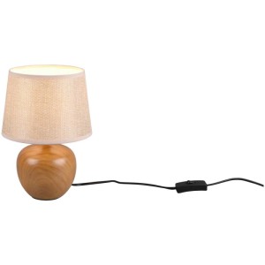 Elegante lampada da tavolo Luxor in legno con paralume beige in tessuto per luce accogliente.