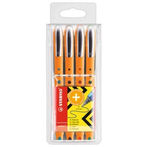 Set de 4 stylos roller Stabilo Worker+ orange, noir, rouge et vert dans un étui transparent.