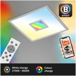 Silberfarbiges Brilo Panel Centro S LED-Panel mit Fernbedienung und Smartphone Steuerung.