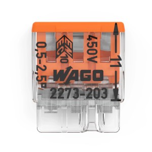Connettore Wago, 3 poli, arancione, confezione da 10 per connessioni sicure.