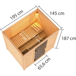 Sauna Woodfeeling Selena con stufa bio, porta in vetro bronzato, due panche e dimensioni.