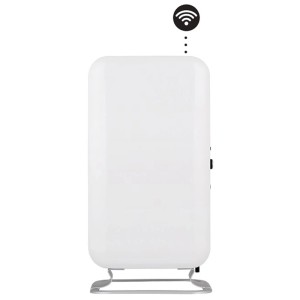Radiatore a olio bianco Mill Gentle Air WiFi 1500W con base argentata. Stufa elettrica con simbolo WiFi.