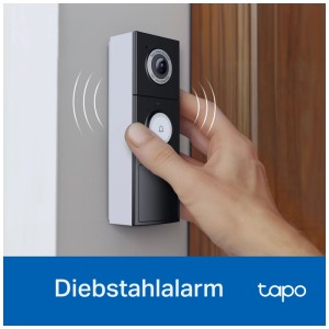 Tapo D235 Video-Türklingel, weiss-schwarz, mit Klingel wird gedrückt.