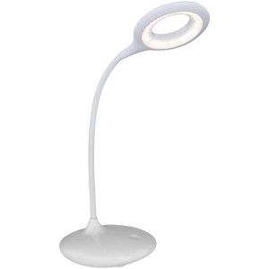 Weiße LED-Tischleuchte Pia von Globo mit flexiblem Arm und Touchdimmer für den Schreibtisch.