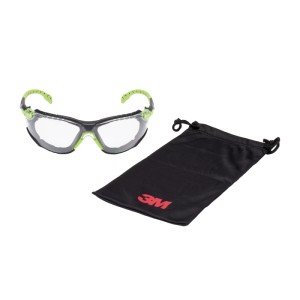 Lunettes de protection 3M Solus 1000 avec verre transparent, monture noire et branches vertes, avec pochette en microfibre.