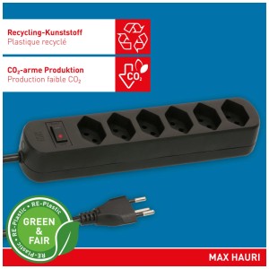 Ciabatta nera Max Hauri Basic Line con 6 prese tipo 13 e cavo da 1,5 m.