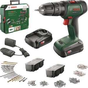 Trapano avvitatore a percussione a batteria Bosch UniversalImpact 18V con accessori, batterie e custodia.