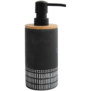 Dispenser sapone Spirella Yuma grigio scuro con coperchio in bambù e motivo etnico.