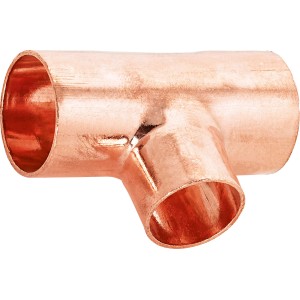 Raccordo a T di riduzione in rame per saldatura, 22 mm x 18 mm x 22 mm, per installazione tubi in rame.