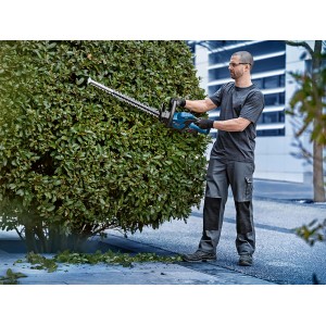 Homme taillant une haie avec le taille-haie sans fil Bosch GHE 18V-60. Taille-haie sans fil en utilisation.