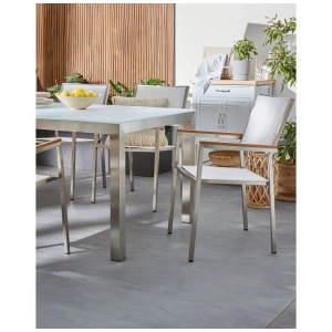Ensemble de chaises de jardin Beliani Grosseto, 6 chaises blanches avec structure en acier inoxydable et accoudoirs en bois synthétique.
