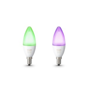 Zwei Philips Hue E14 LED Lampen, farbig und weiß, 6,5W, 470lm.