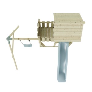 Altalena per bambini PolarPlay Bergen blu ghiaccio con torre giochi e scivolo, vista dall'alto.