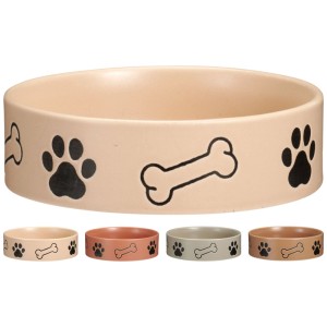 Gamelle pour chien en grès multicolore avec motif patte et os, diamètre 15 cm.