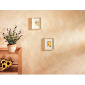 Decorazione parete con guanto creativo: parete beige strutturata con quadri e piante.