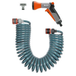 Gardena Set tubo a spirale 10 m con doccetta a impulsi e raccordo per rubinetto per irrigazione giardino.