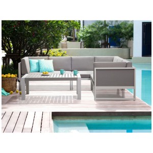 Ensemble lounge Beliani Castella 6 places gauche en aluminium blanc avec table et coussins gris.