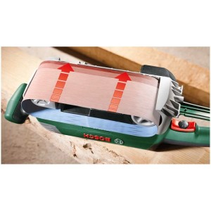 Ponceuse à bande Bosch PBS 75 AE verte avec bande abrasive et flèches rouges sur bois.
