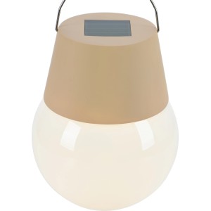 Beige Solar-LED-Leuchte (Ø 10 cm) für den Außenbereich, mit warmweißem Licht und Aufhängevorrichtung.