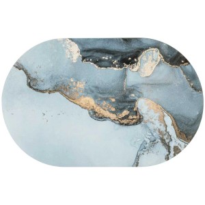 Tappeto da bagno ovale Licata (50x80 cm) con design marmorizzato astratto in grigio, blu e oro.