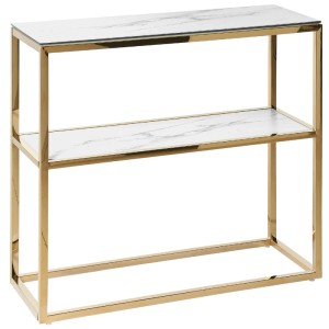 Console Beliani Azusa avec plateau en marbre blanc et structure en métal doré.