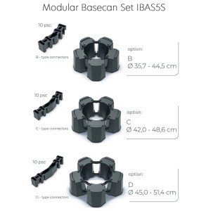 Waterform base modulare L per botte pioggia antracite. Mostra 3 misure regolabili del supporto in plastica.
