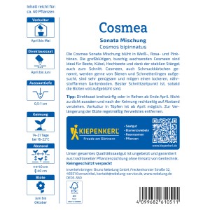 Kiepenkerl Graines Cosmos Sonata mélange, paquet d'informations sur le semis et la floraison.