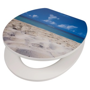 Sedile WC OBI Samaria con motivo spiaggia e chiusura ammortizzata. Coperchio WC con spiaggia sabbiosa e mare.