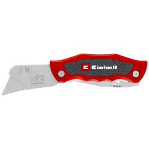 Coltello universale 2 in 1 Einhell con lama trapezoidale e da tasca, manico rosso.