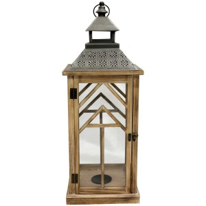 Lanterne en bois marron avec toit en métal, taille M. Lanterne de jardin décorative pour bougie.