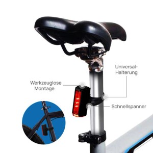 Fischer LED-Akku-Rücklicht Twin Stop am Fahrrad befestigt, Nahaufnahme.
