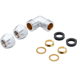Raccord compression chromé Ø 10 mm coude avec écrous, joints et rondelles.