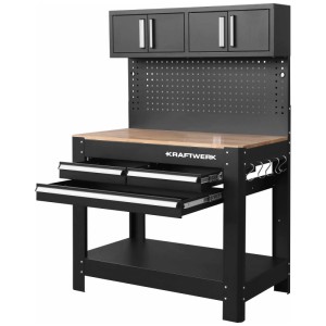 Établi Kraftwerk avec 3 tiroirs, 2 armoires hautes, panneau perforé et plateau en bois. Idéal pour atelier et loisirs.