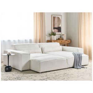Canapé d'angle Beliani Hellnar Bouclé blanc avec pouf et coussins, 176x262cm.